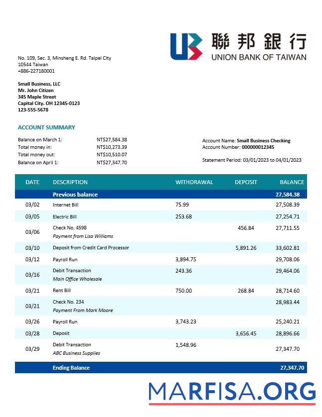 Downloadable Union Bank of Taiwan company account statement Word and PDF template